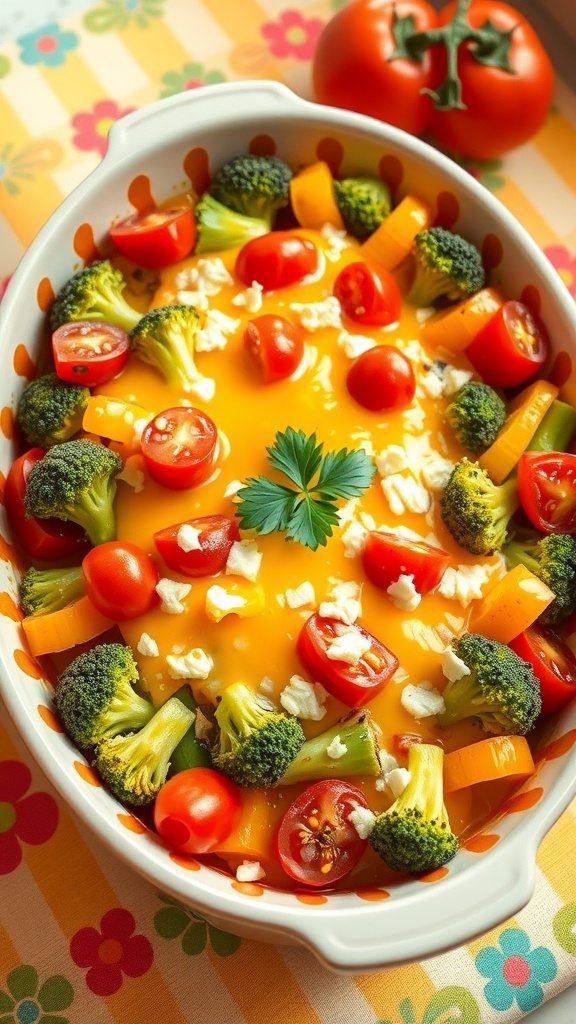 Kawaii Casserole Delight A vibrant Kawaii casserole with colorful vegetables and melted cheese, garnished with parsley.